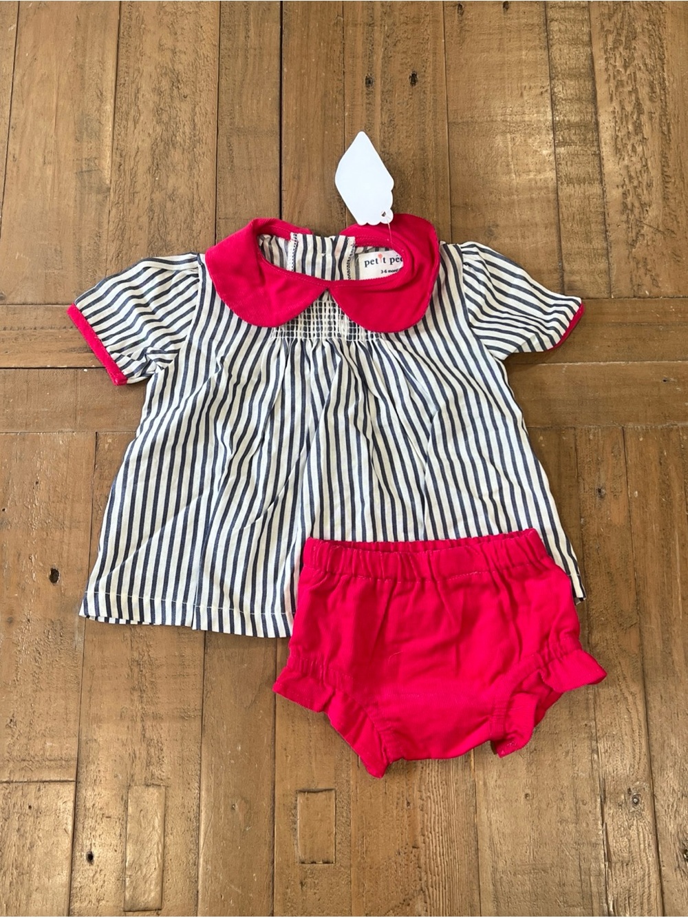 Petit Peony Allie Dress And Bloomers 3 Months Blue Stripes Peter Pan Collar Pink